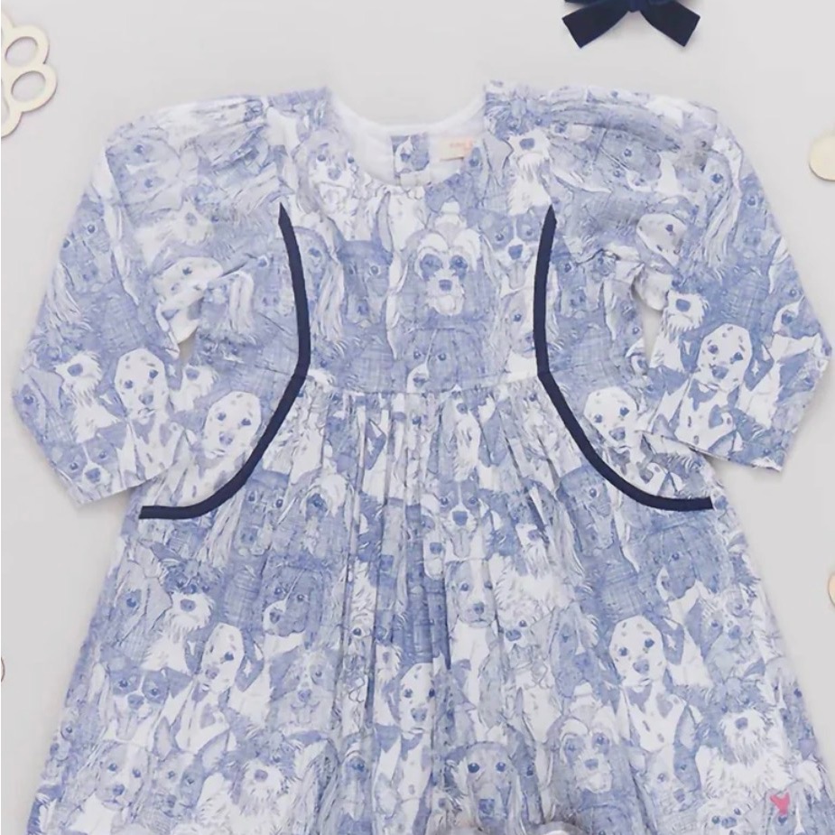Pink Chicken Blue And White Puppy Print Long Sleeve Dress